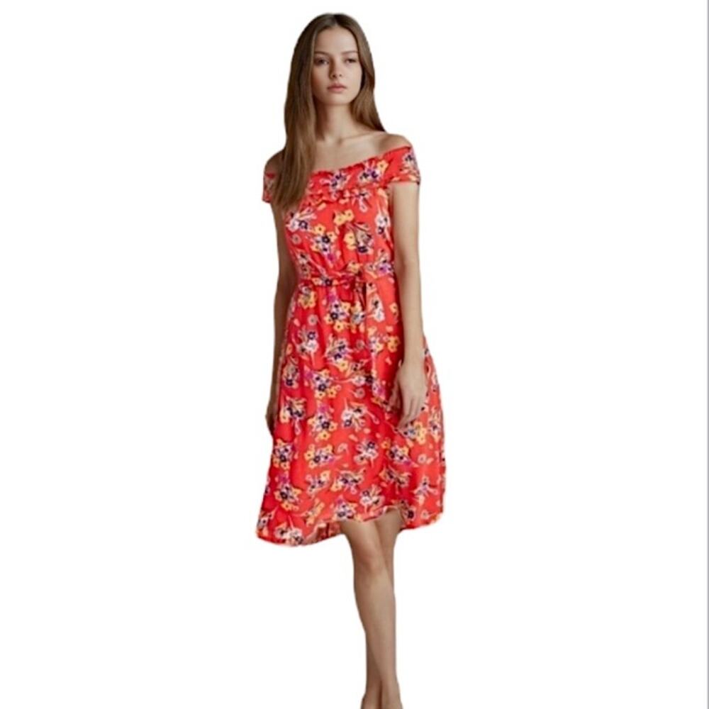 Anthropologie Red Floral Midi dress summer belted sundress conversations size 2 - Picture 2 of 10